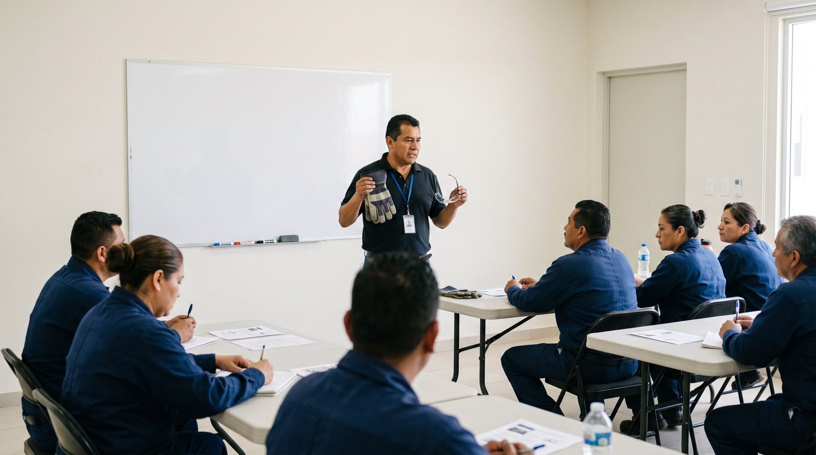 Instructor capacita a un grupo de trabajadores en una sala de la empresa
