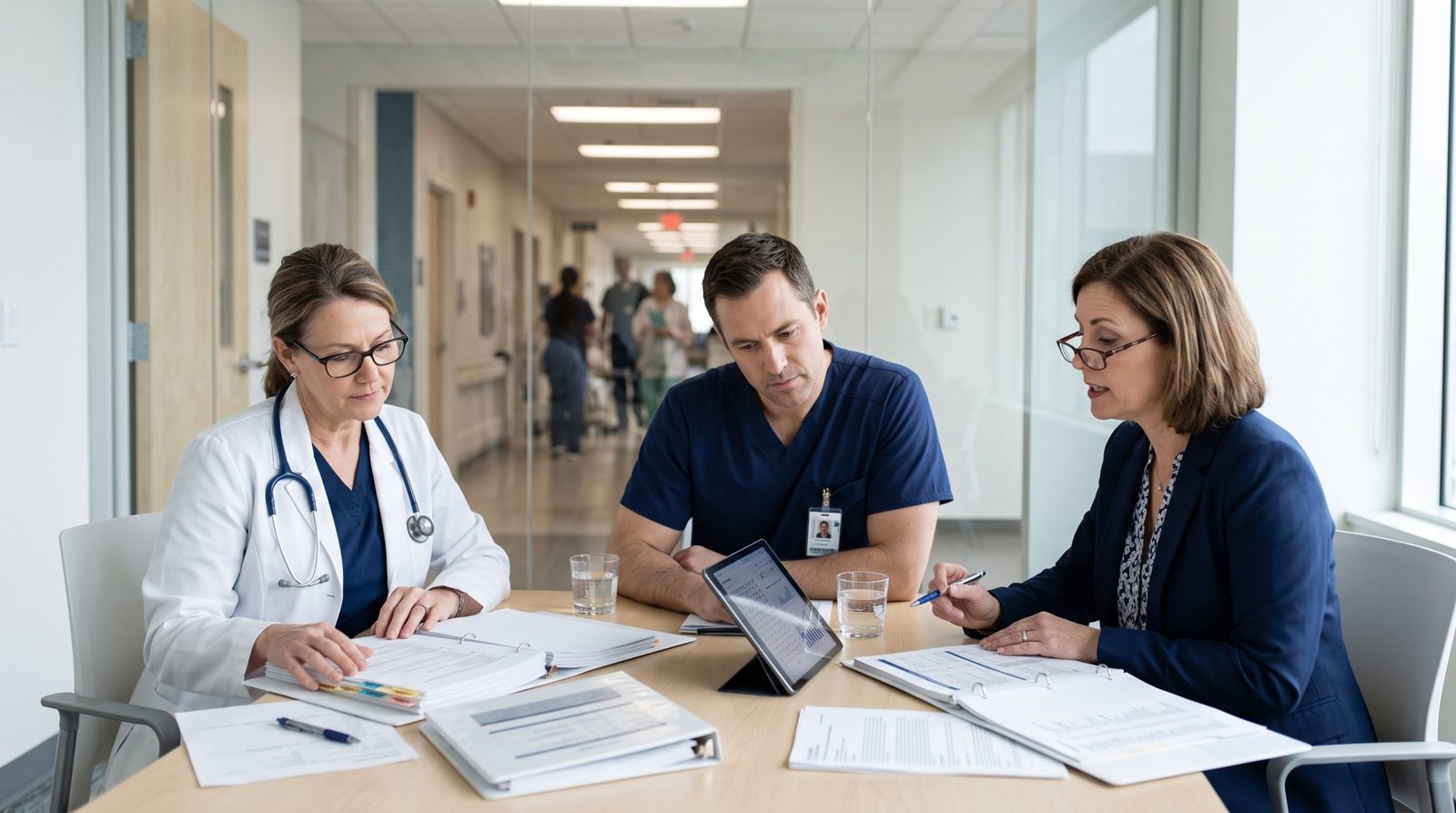 Equipo de calidad de un hospital revisa documentos en una sala de juntas
