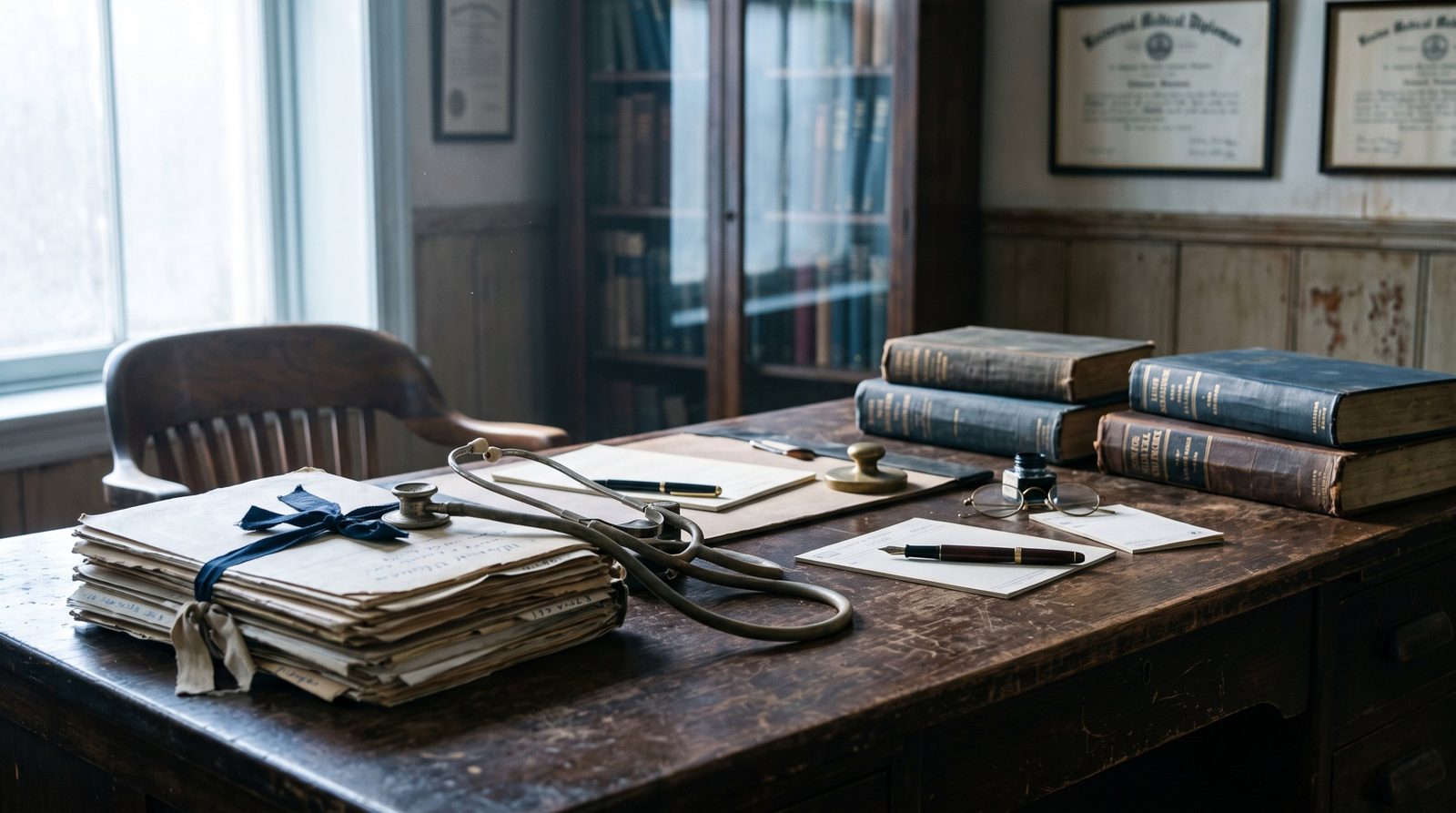 Escritorio de médico con estetoscopio antiguo, expedientes y libros