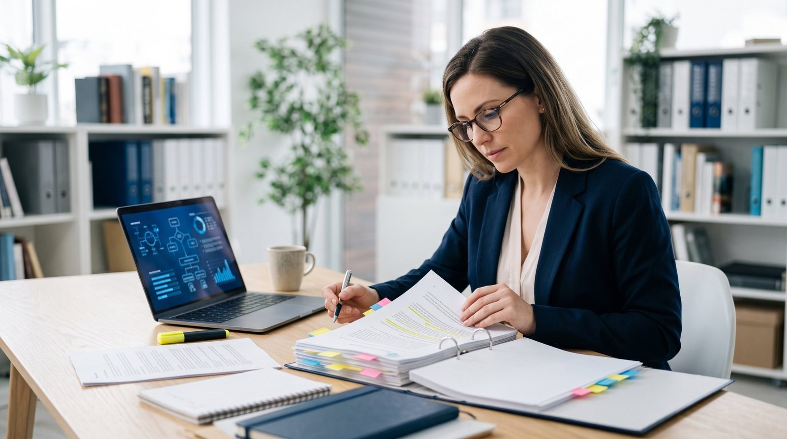 Consultora estudia una norma con documentos y una laptop