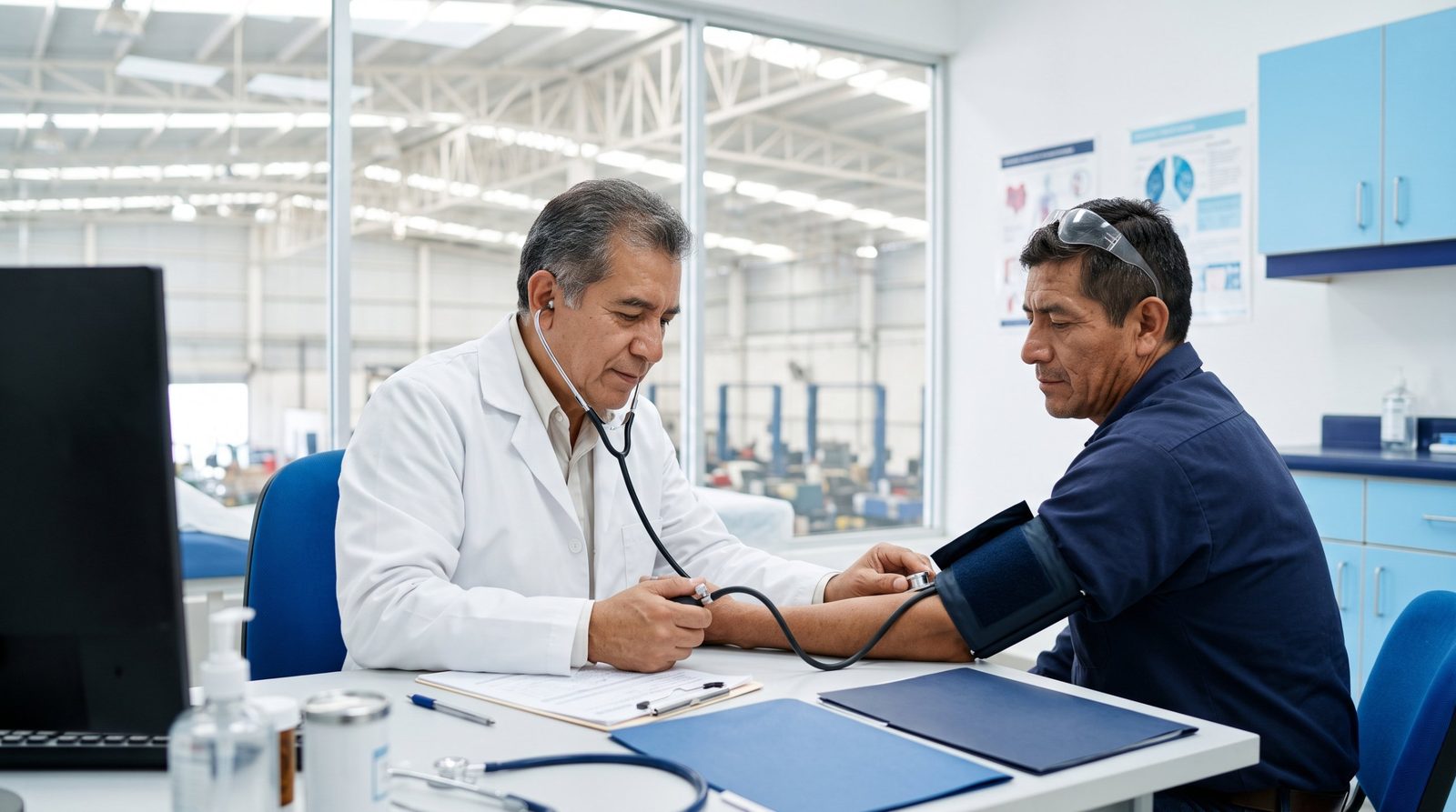 Médica del trabajo revisa a un trabajador con equipo de protección en un consultorio de planta