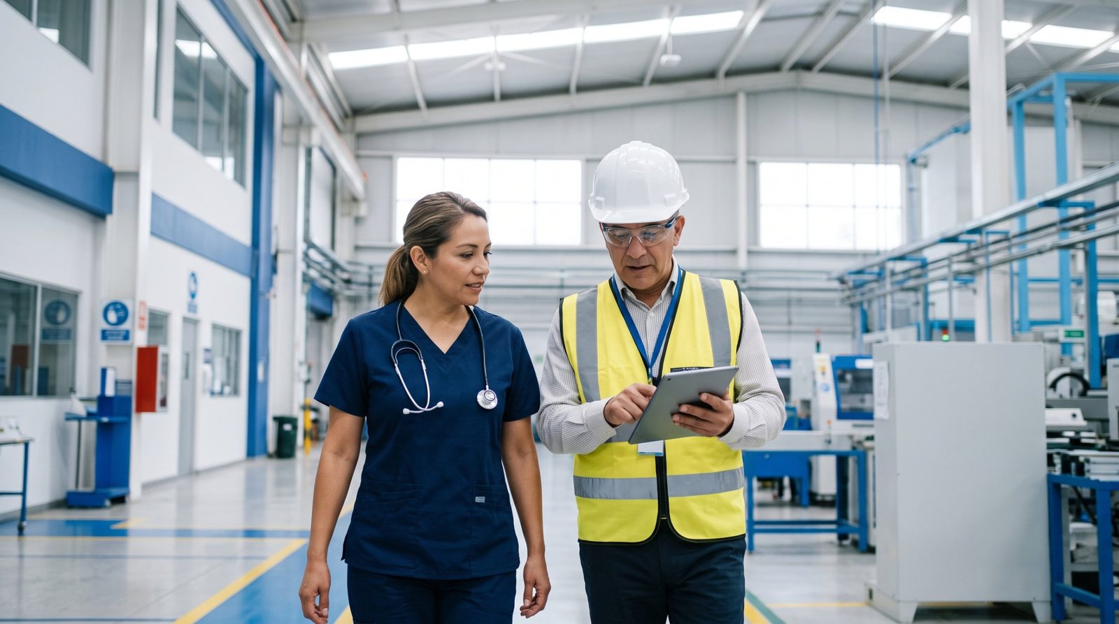 Enfermera y supervisor revisan en una tableta el programa de servicios preventivos en planta