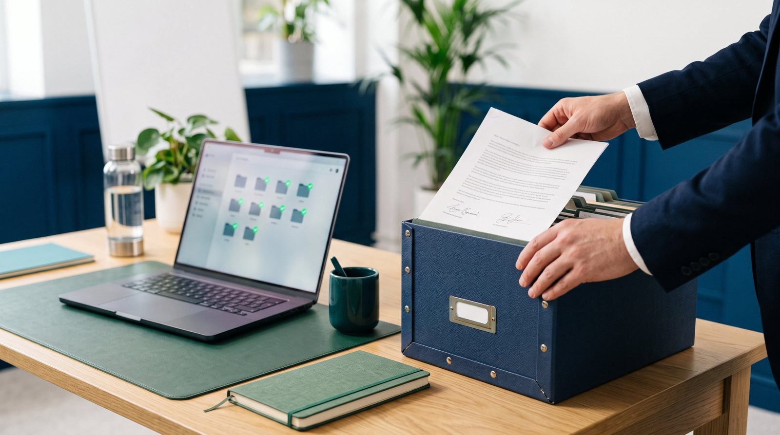 Consultor organiza evidencias en carpetas digitales y físicas