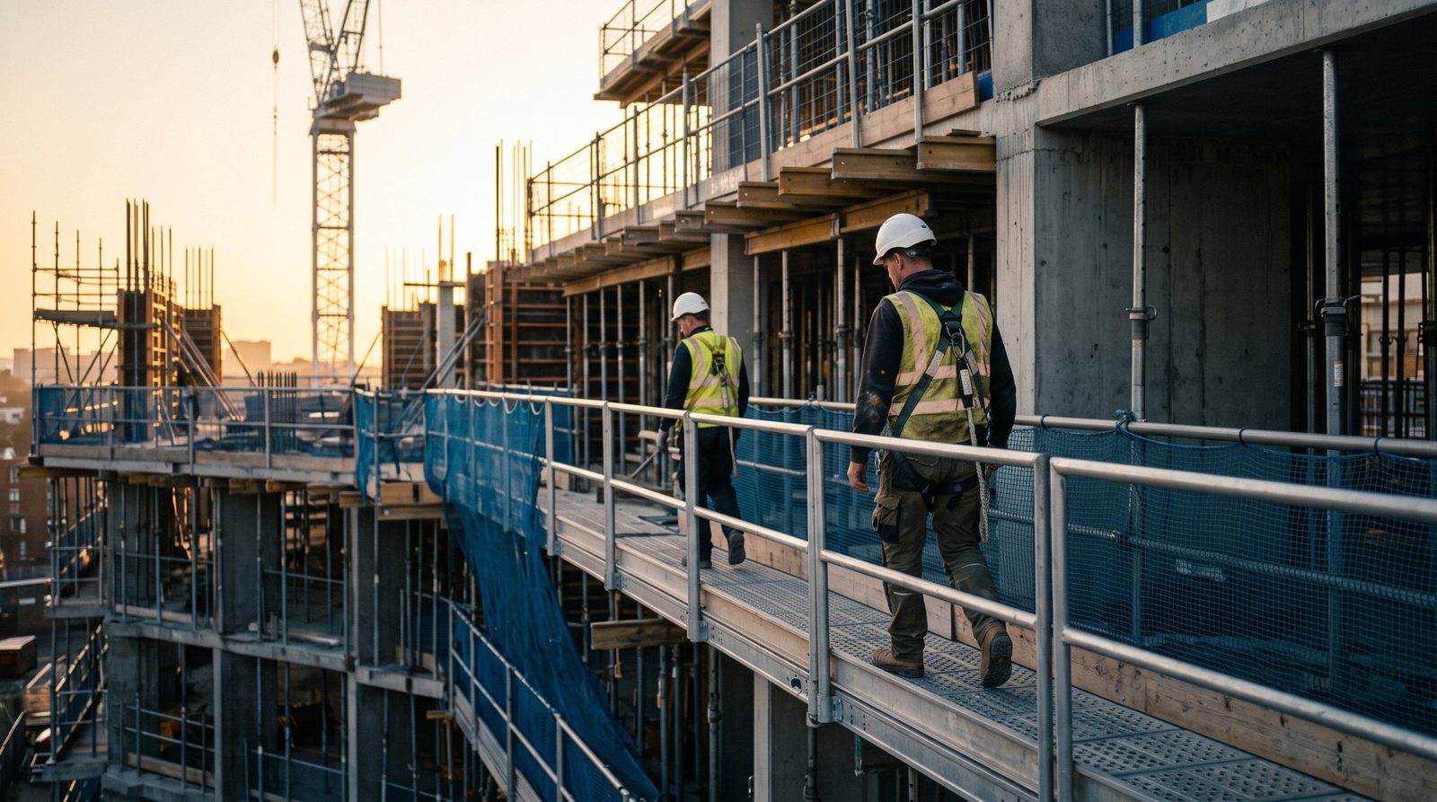 Obra en construcción con trabajadores con equipo de protección
