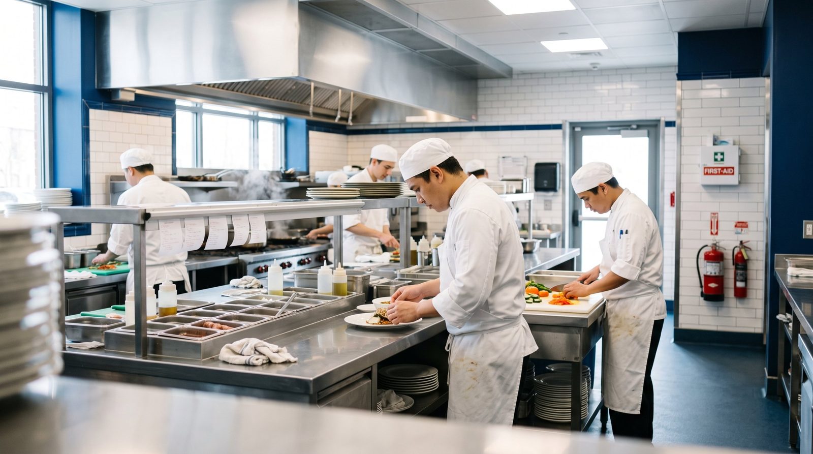 Cocina profesional de restaurante con personal trabajando