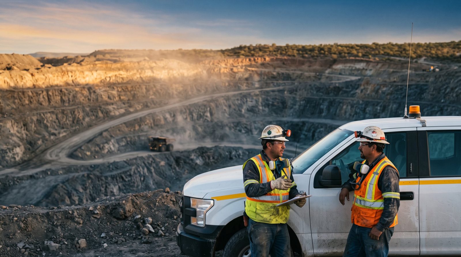 Trabajadores mineros con lámparas en una mina a cielo abierto