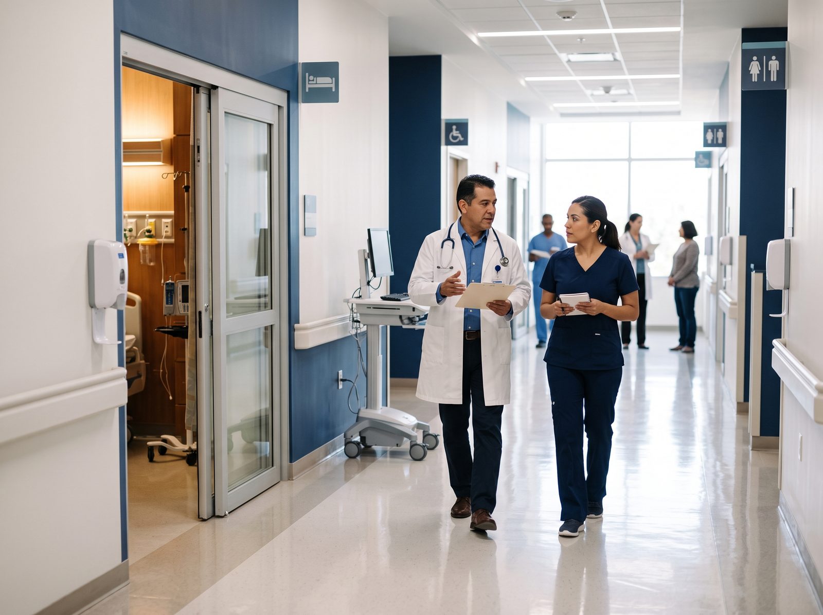 Pasillo de hospital con personal de salud