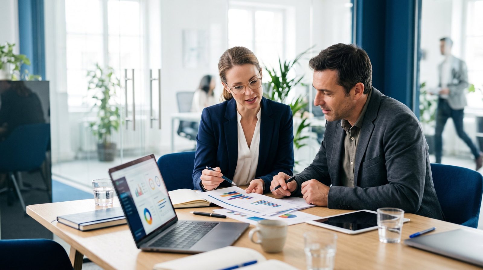 Gerente de recursos humanos y consultor analizan datos de personal