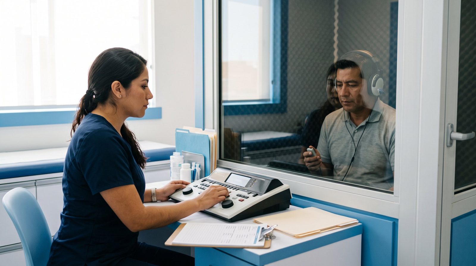 Técnica realiza una audiometría a un trabajador en una cabina