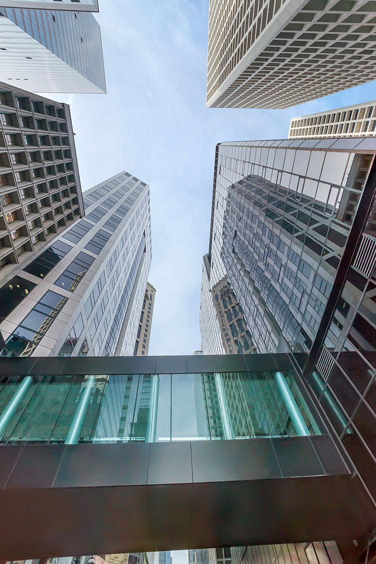 Bottom up view on Modern Skyscrapers on Hong Kong Island